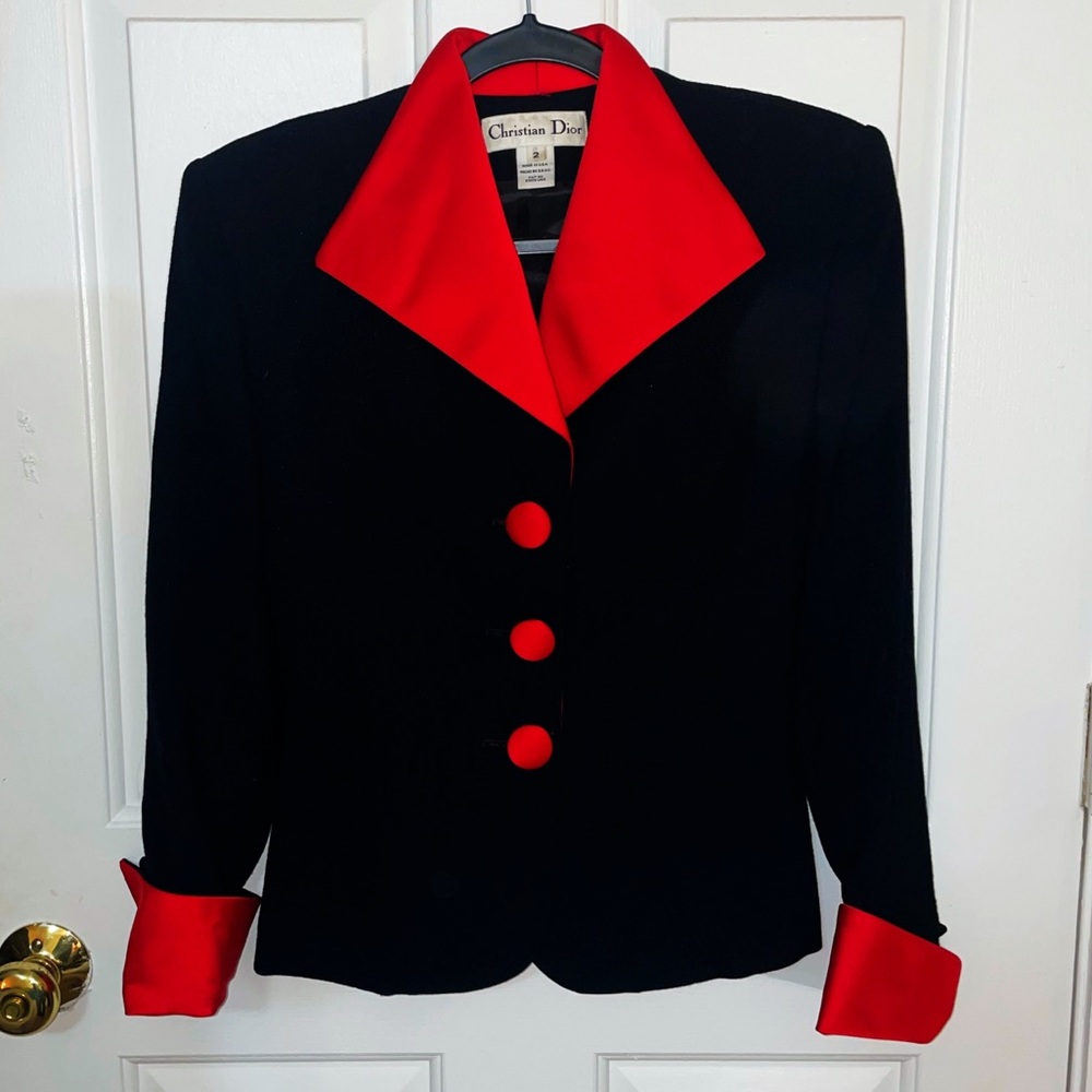 Vintage Christian Dior Red Trim Black Wool Blazer Skirt Set